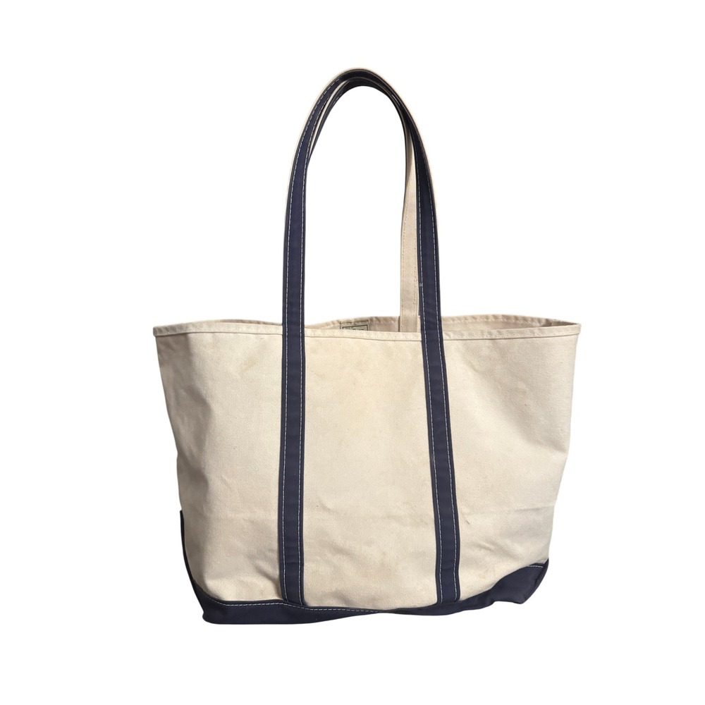 LL Bean Boat and Tote Canvas Bag Large Navy Blue Cream Made in USA